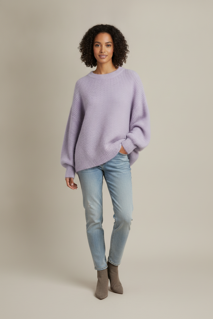 Oversized Trui Dames met Ballonmouwen – Zachte Gebreide Trui — Velia – Lila – vooraanzicht