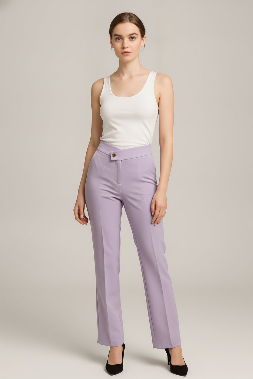Pantalon Dames met Hoge Taille – Rechte Pijp met Gesp — Isaline – Lila – vooraanzicht