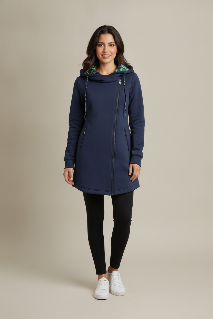 Lange Hoodiejas Dames met Rits – Tussenjas met Printcapuchon — Oriana – Marineblauw – vooraanzicht
