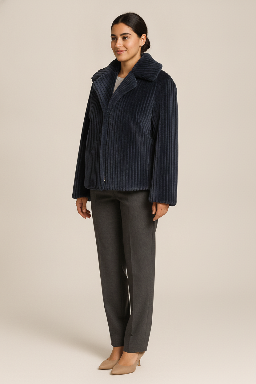 Korte Dames Teddy Jas met Kraag – Zacht Jack met Rits — Capucine – Marineblauw – vooraanzicht