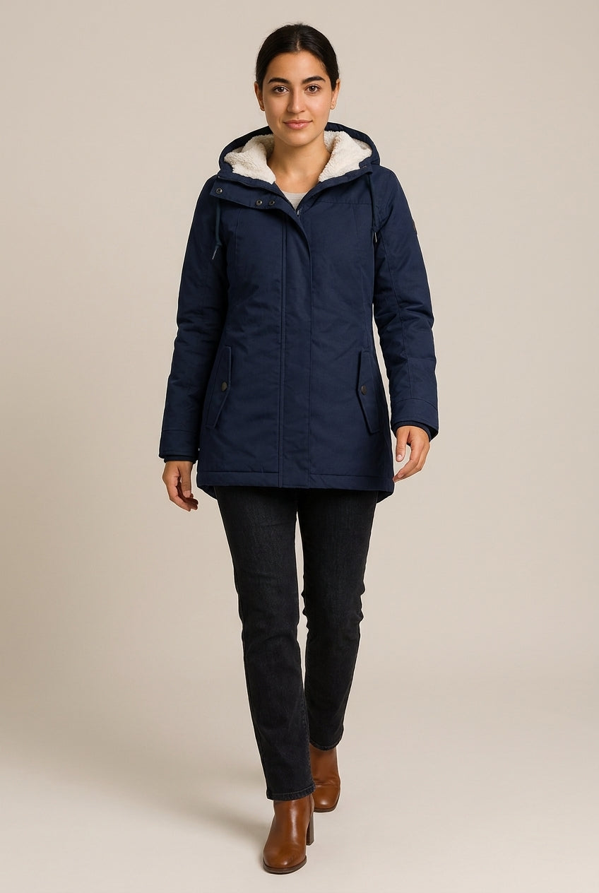 Winterjas met Capuchon en Bontrand — Puck – Marineblauw – vooraanzicht