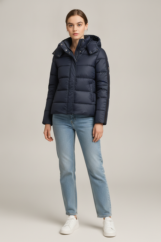 Gewatteerde Jas met Capuchon — Samira – Marineblauw – vooraanzicht