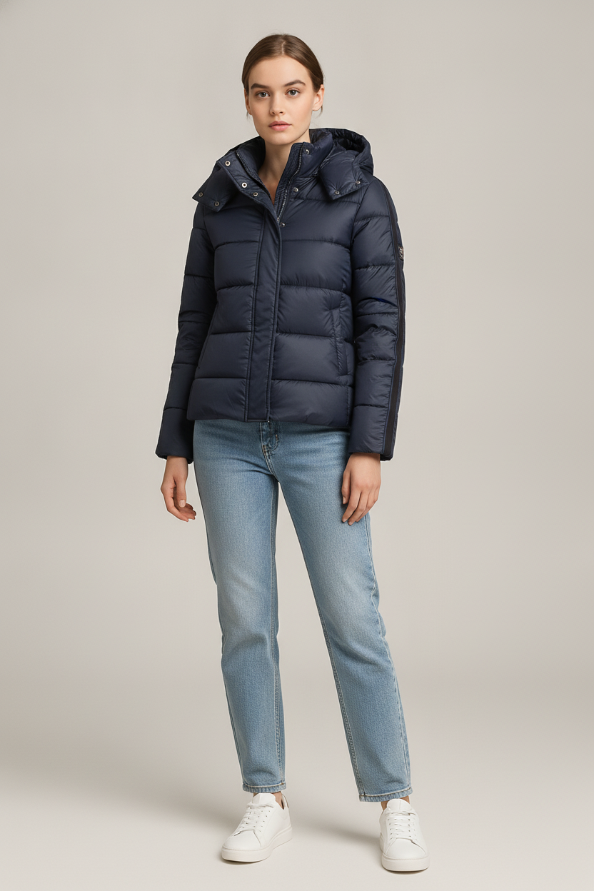 Gewatteerde Jas met Capuchon — Samira – Marineblauw – vooraanzicht