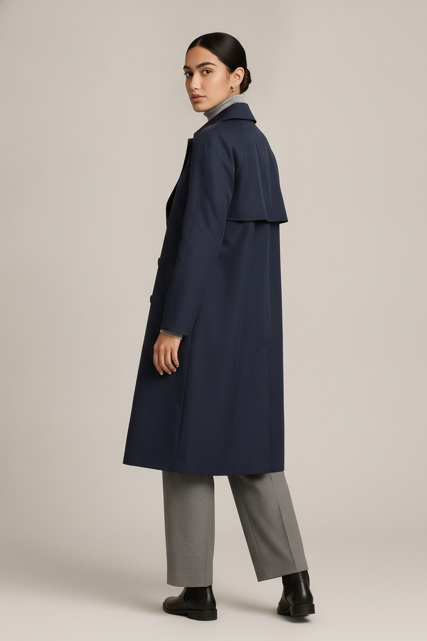 Halflange Trenchcoat — Dalia – Marineblauw – vooraanzicht