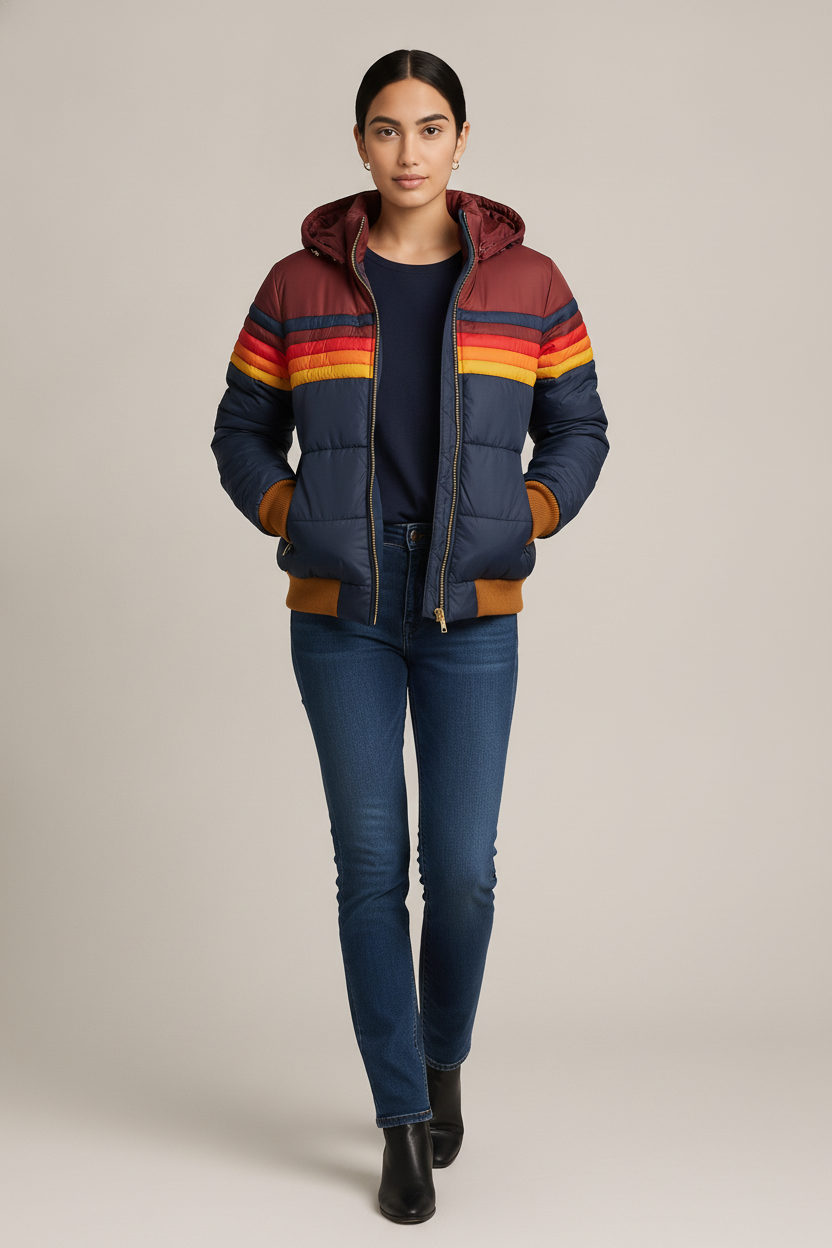 Gewatteerde Jas Dames met Capuchon – Retro Strepen Jack — Farah – Marineblauw – vooraanzicht