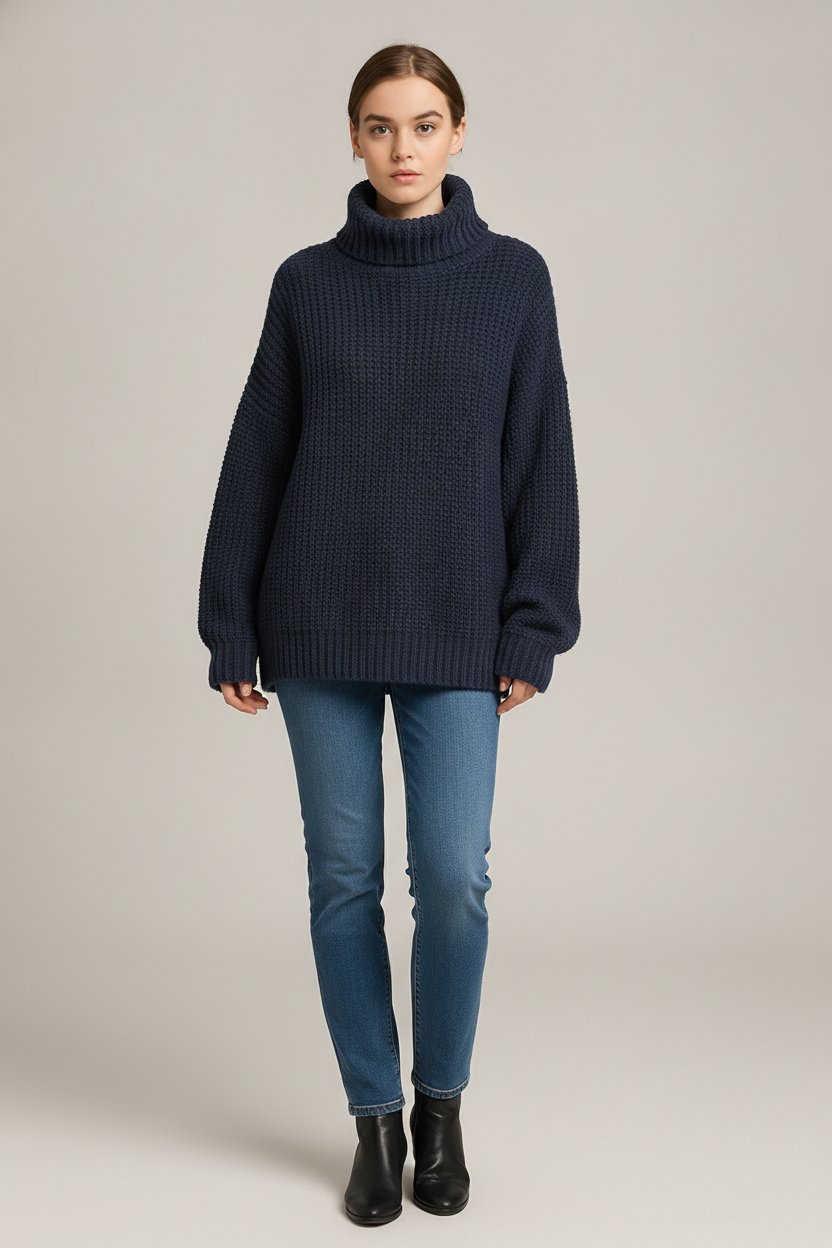 Grofgebreide Coltrui Dames – Oversized Wintertrui — Salome – Marineblauw – vooraanzicht