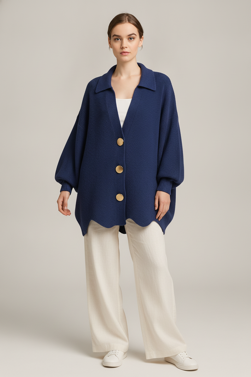Oversized Gebreid Vest Dames – Cardigan met Grote Knopen — Norah – Marineblauw – vooraanzicht