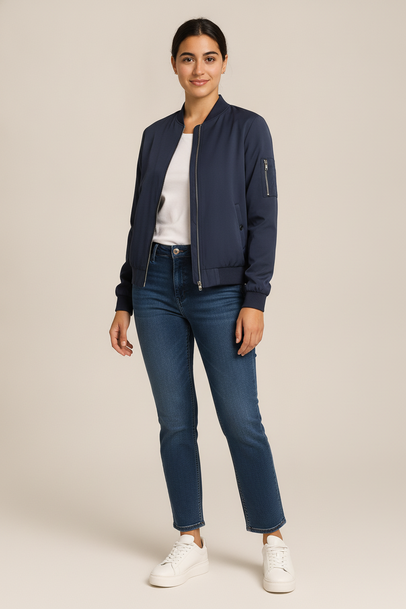 Bomberjack Dames met Rits – Lichte Tussenjas — Maren – Marineblauw – vooraanzicht