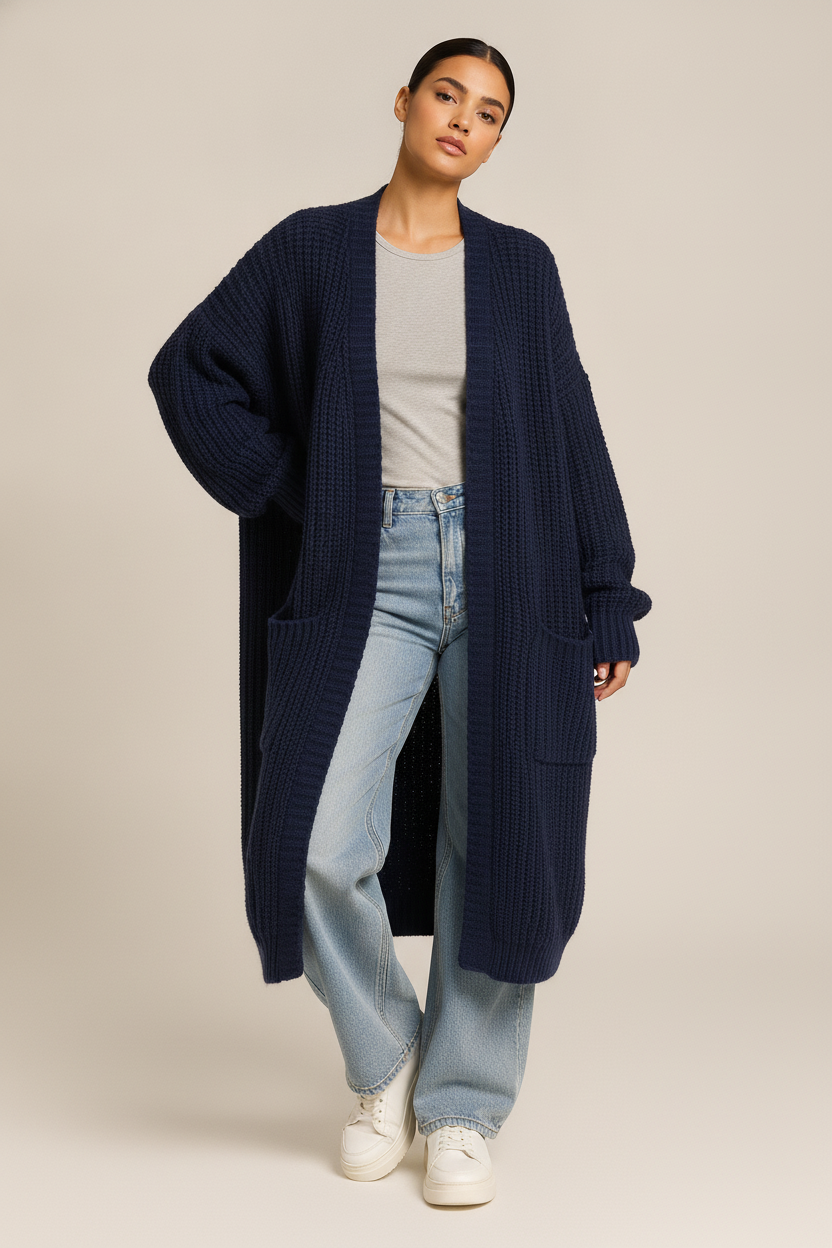Lang Vest Dames met Zakken – Grofgebreide Cardigan — Ilvy – Marineblauw – vooraanzicht