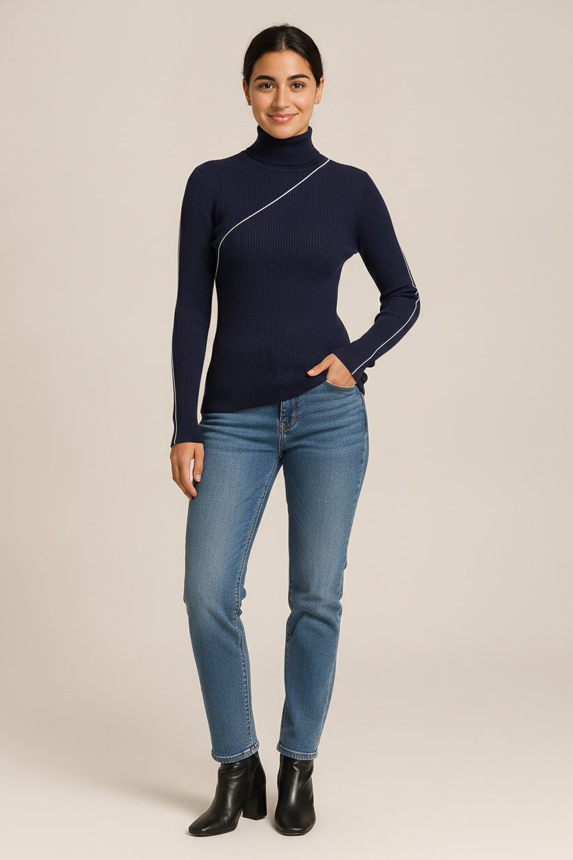 Fijngebreide Slim Fit Coltrui — Zola – Marineblauw – vooraanzicht