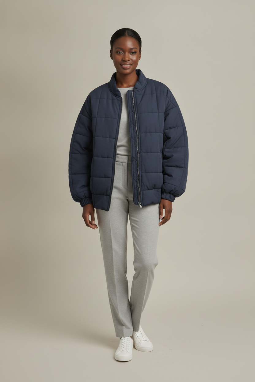 Oversized Gewatteerd Bomberjack — Amara – Marineblauw – vooraanzicht