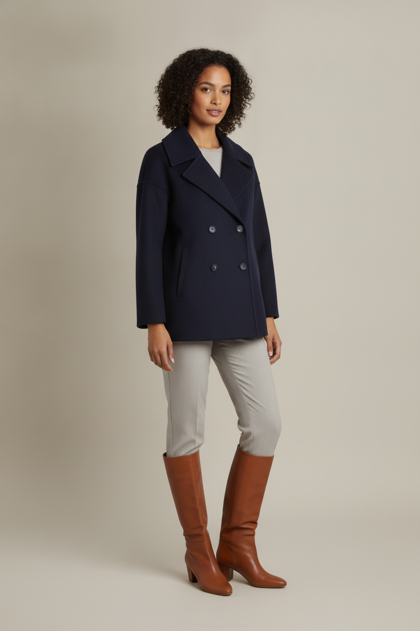 Korte Dubbelrijige Mantel met Revers — Nayara – Marineblauw – vooraanzicht