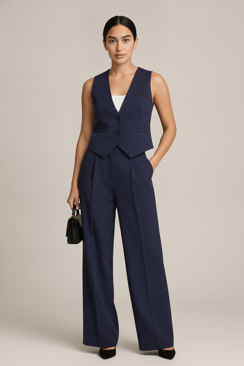 Gilet en Pantalon Set Dames — Naïla – Marineblauw – vooraanzicht