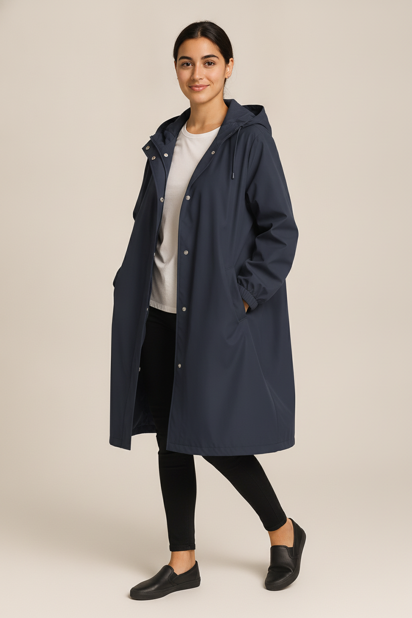 Regenjas Dames met Capuchon – Lange Oversized Parka — Lucienne – Marineblauw – vooraanzicht