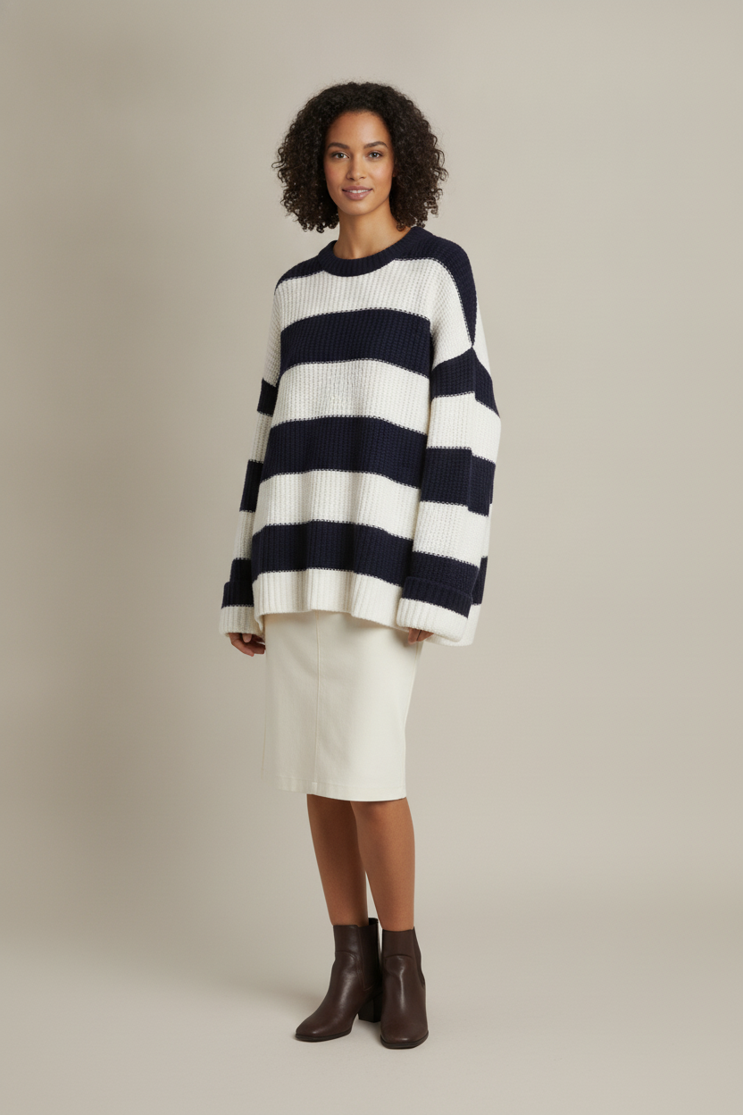 Gestreepte Trui Dames – Oversized Gebreide Trui met Ronde Hals — Kalea – Marineblauw – vooraanzicht