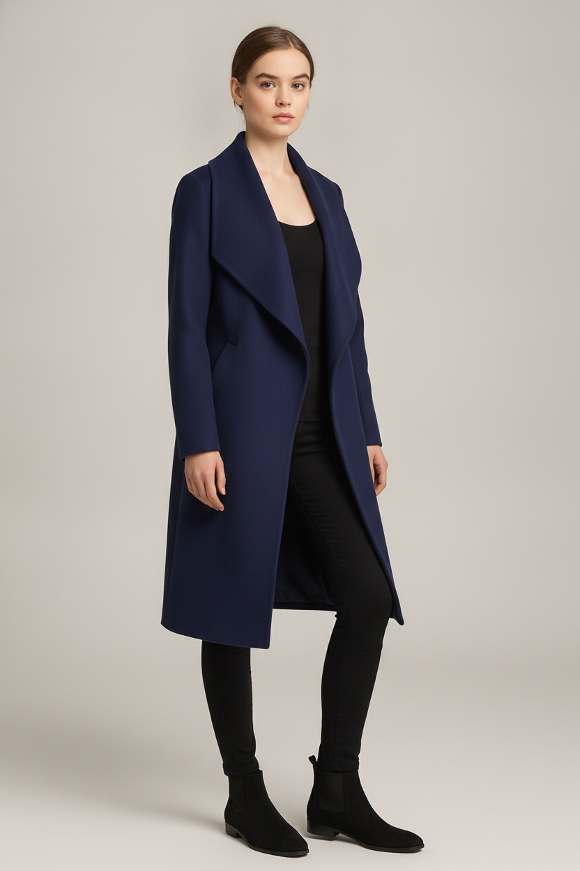 Lange Jas Dames met Watervalkraag – Open Mantel in Wollook — Nalani – Marineblauw – vooraanzicht