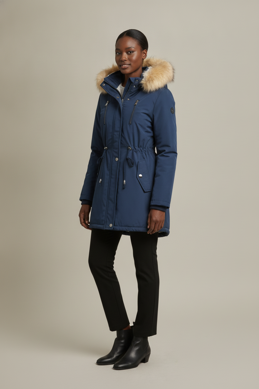 Parka Dames met Bontcapuchon – Gevoerde Winterjas — Alessia – Marineblauw – vooraanzicht