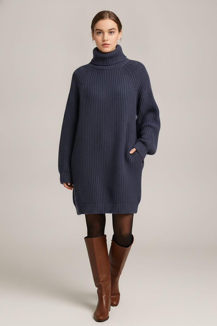 Truijurk Dames met Col – Oversized Ribgebreid — Ysolde – Marineblauw – vooraanzicht
