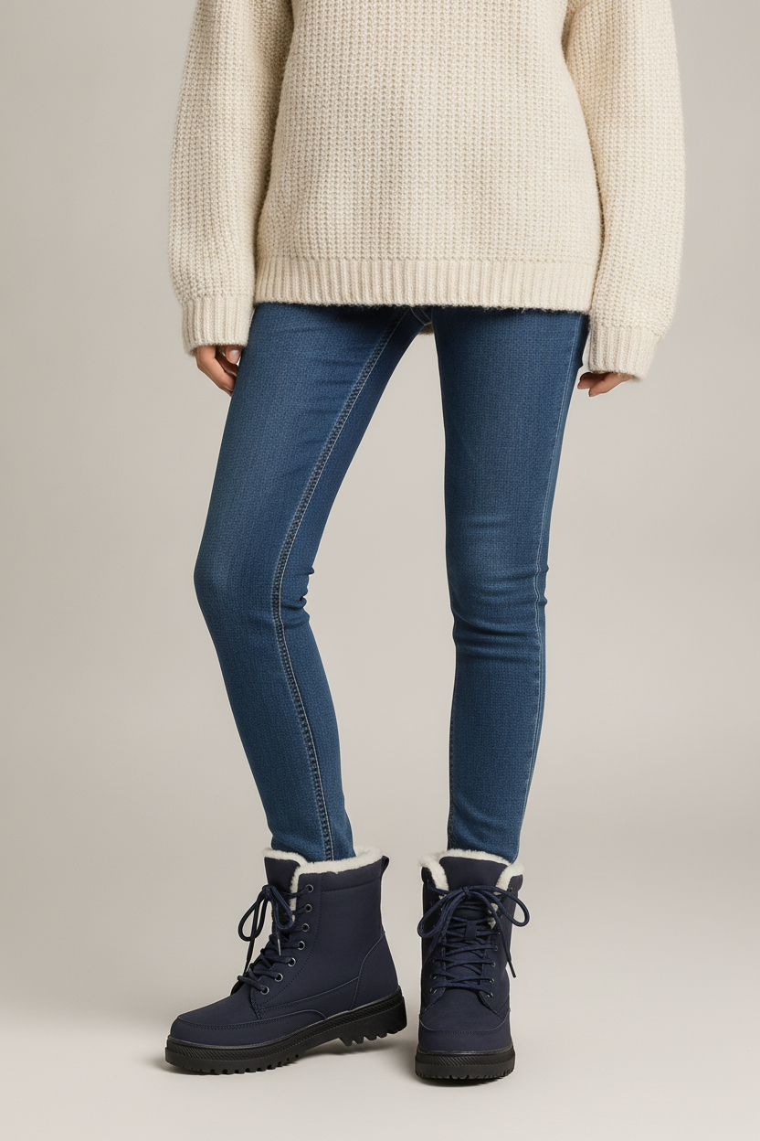Snowboots Dames met Veters – Gevoerde Enkellaarsjes — Runa – Marineblauw – vooraanzicht