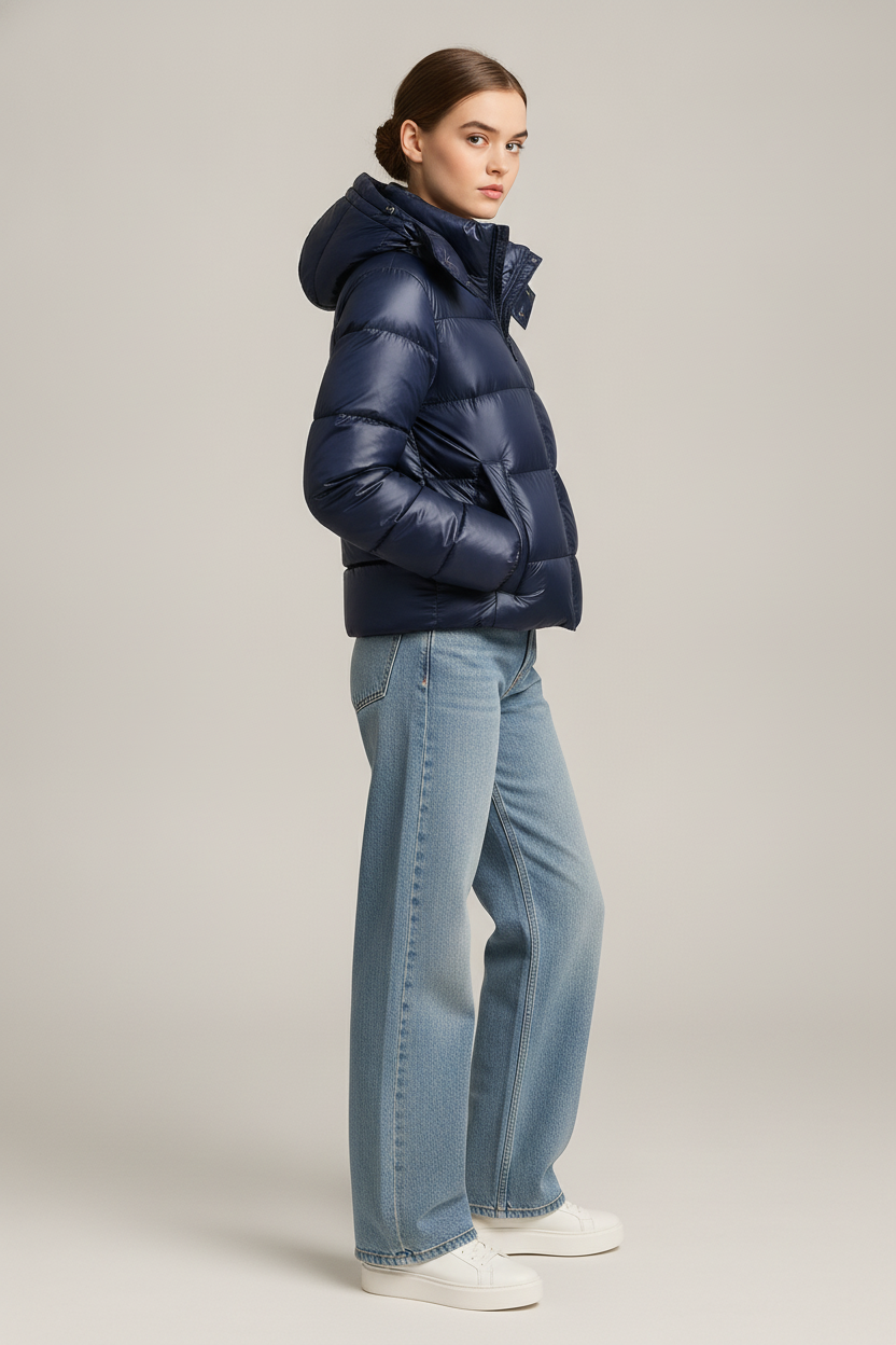 Gewatteerde Jas met Capuchon — Samira – Marineblauw – zijaanzicht
