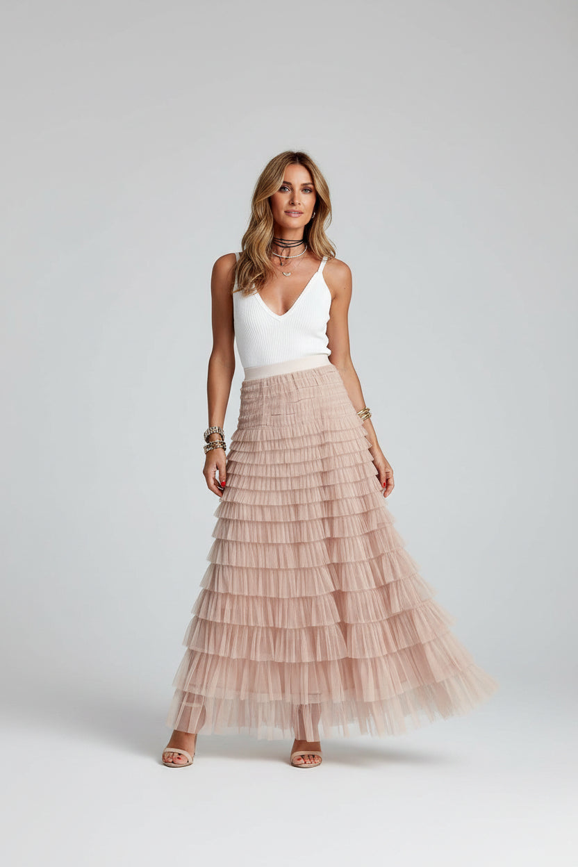 Maxi Rok Elara - Tule Laagjes en Elastische Taille