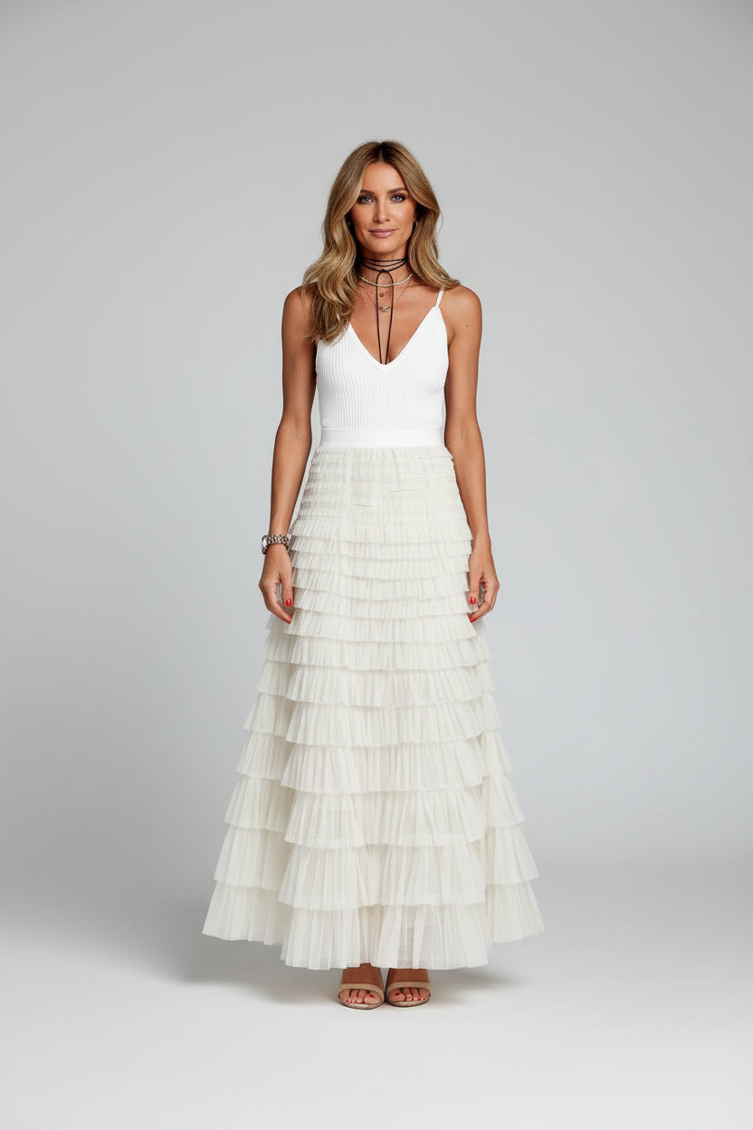 Maxi Rok Elara - Tule Laagjes en Elastische Taille