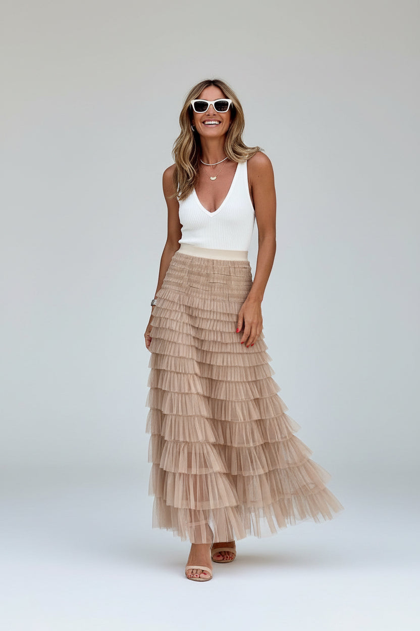 Maxi Rok Elara - Tule Laagjes en Elastische Taille