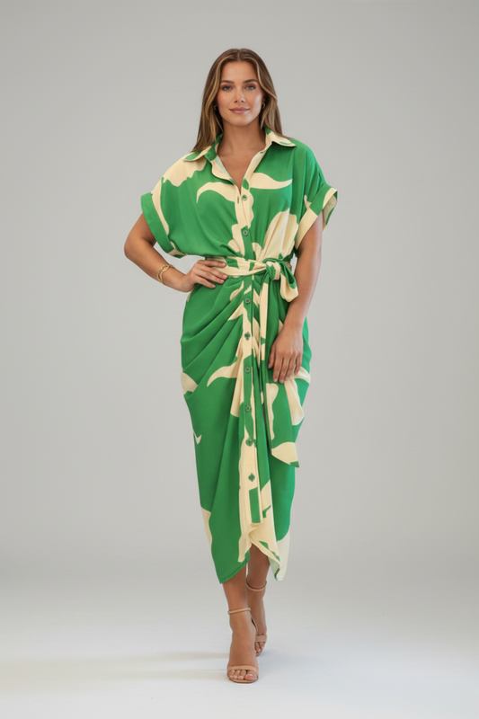 Midi Jurk met Korte Mouwen en Strikceintuur voor Dames | Zomer | Leonora