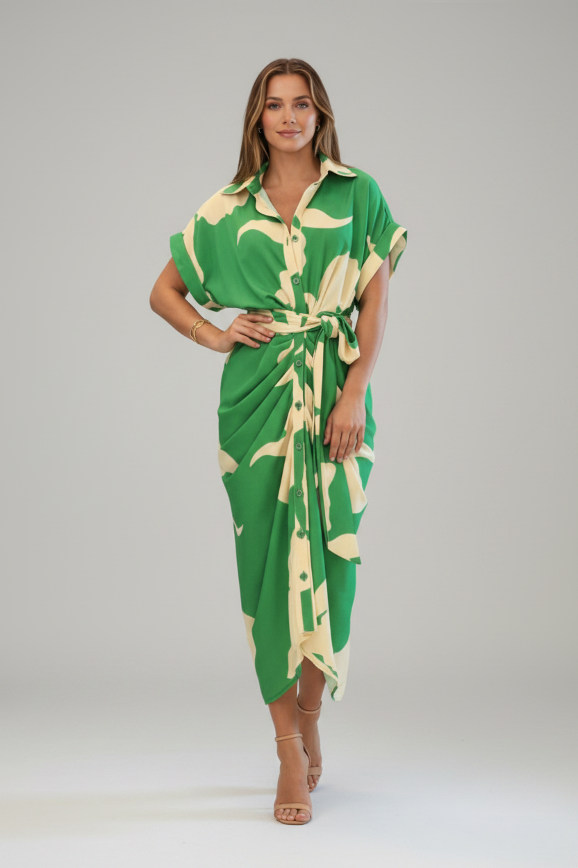 Midi Jurk met Korte Mouwen en Strikceintuur voor Dames | Zomer | Leonora