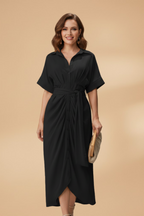 Midi Jurk met Korte Mouwen en Strikceintuur voor Dames | Zomer | Leonora