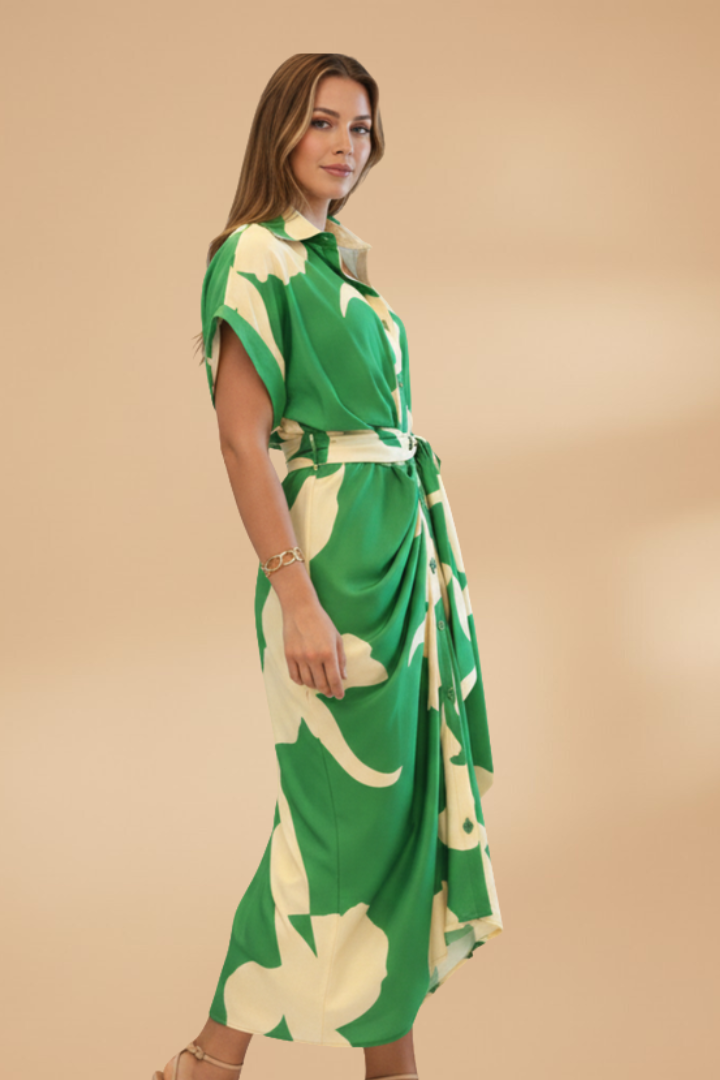 Midi Jurk met Korte Mouwen en Strikceintuur voor Dames | Zomer | Leonora