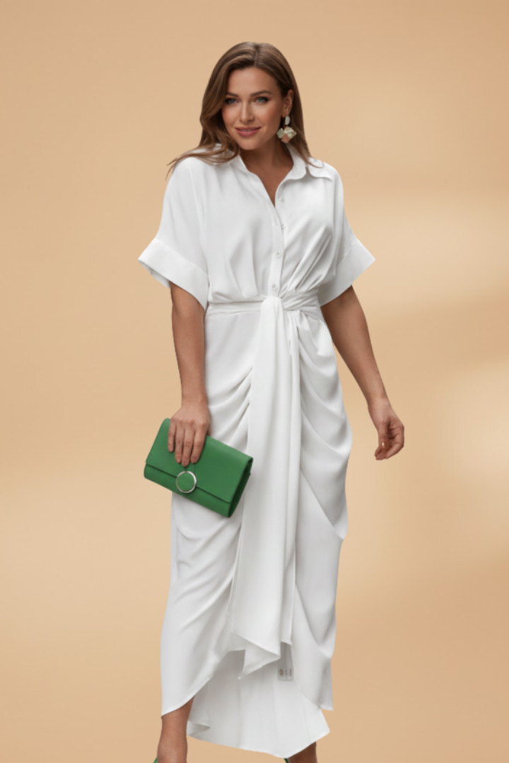 Midi Jurk met Korte Mouwen en Strikceintuur voor Dames | Zomer | Leonora