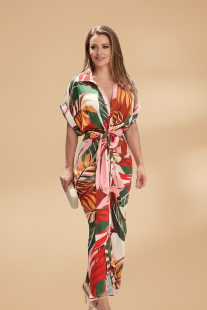 Midi Jurk met Korte Mouwen en Strikceintuur voor Dames | Zomer | Leonora