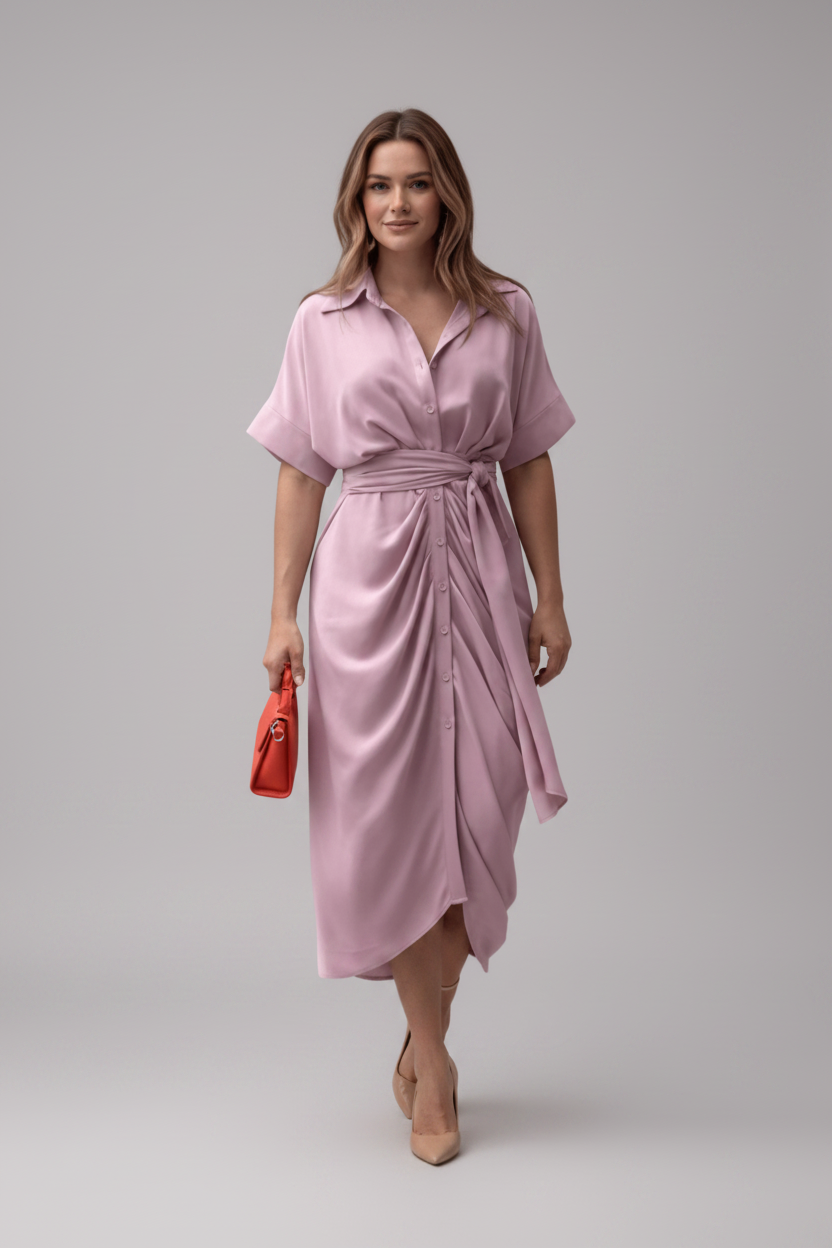 Midi Jurk met Korte Mouwen en Strikceintuur voor Dames | Zomer | Leonora