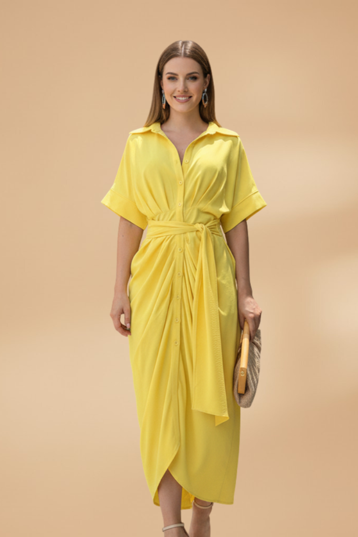 Midi Jurk met Korte Mouwen en Strikceintuur voor Dames | Zomer | Leonora