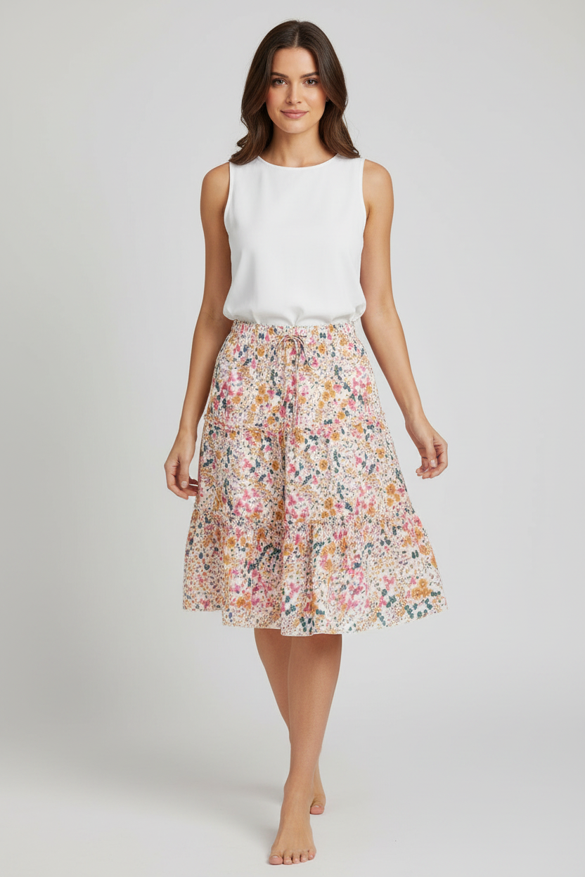 Midi Rok met Bloemenprint en Volants voor Dames | Wijd | Floriana