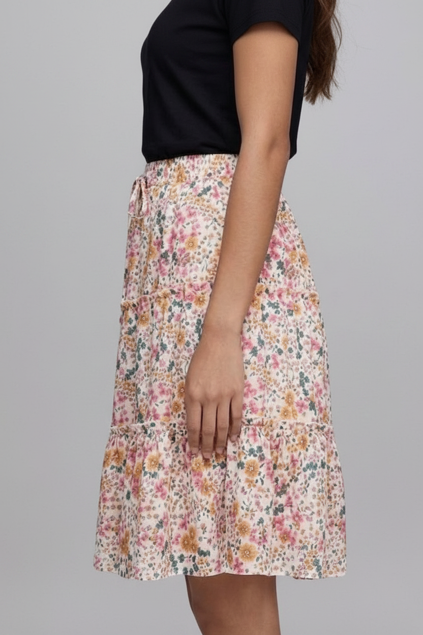 Midi Rok met Bloemenprint en Volants voor Dames | Wijd | Floriana