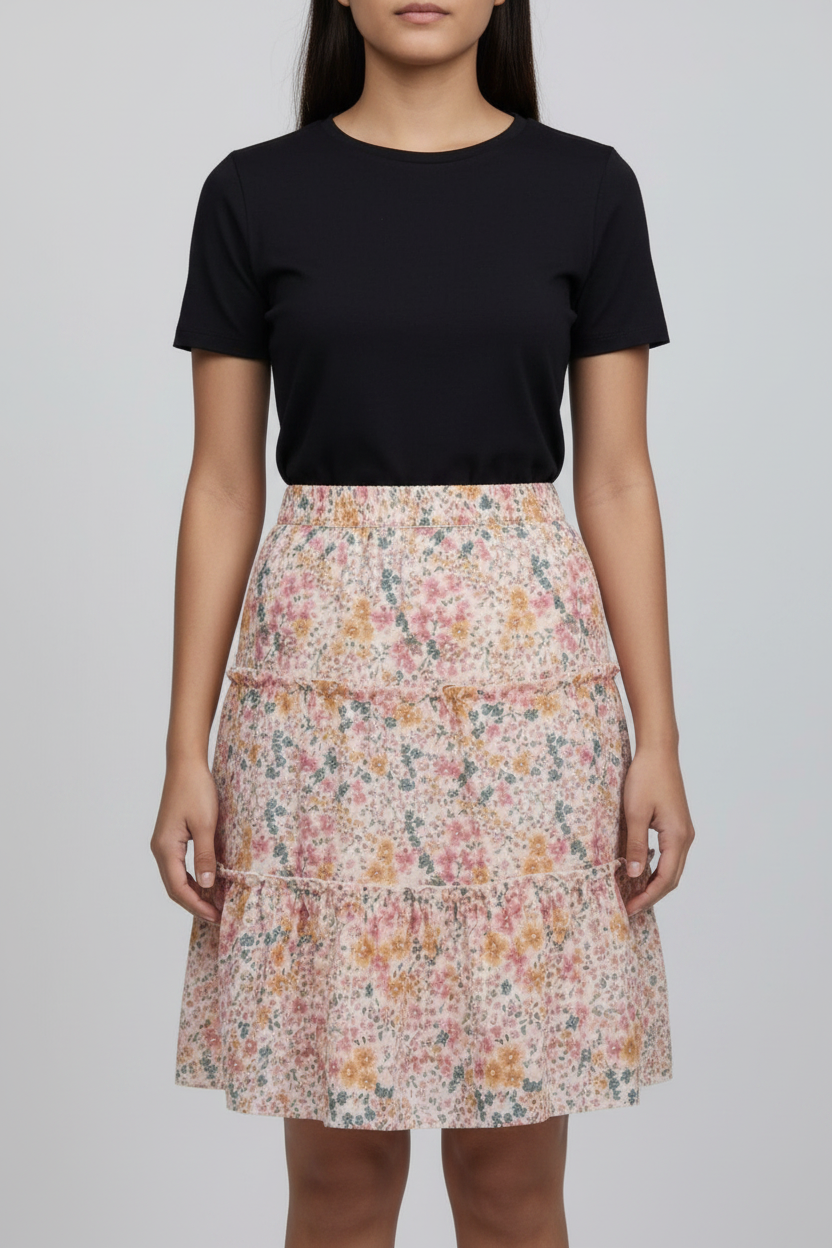 Midi Rok met Bloemenprint en Volants voor Dames | Wijd | Floriana