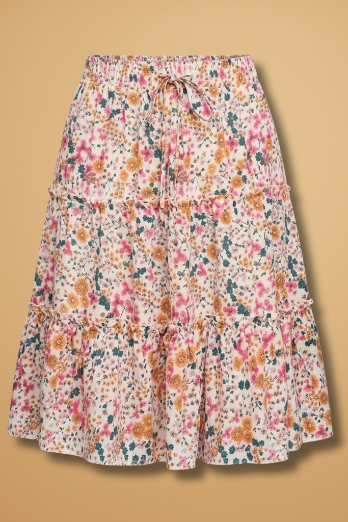 Midi Rok met Bloemenprint en Volants voor Dames | Wijd | Floriana