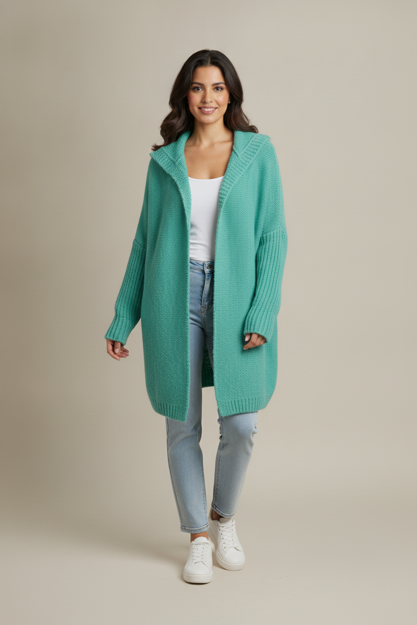 Gebreid Vest Dames met Capuchon – Oversized Lang Vest — Anaya – Mint – vooraanzicht