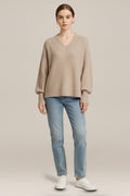 Trui Dames met V-hals – Zachte Losse Pullover in beige – vooraanzicht