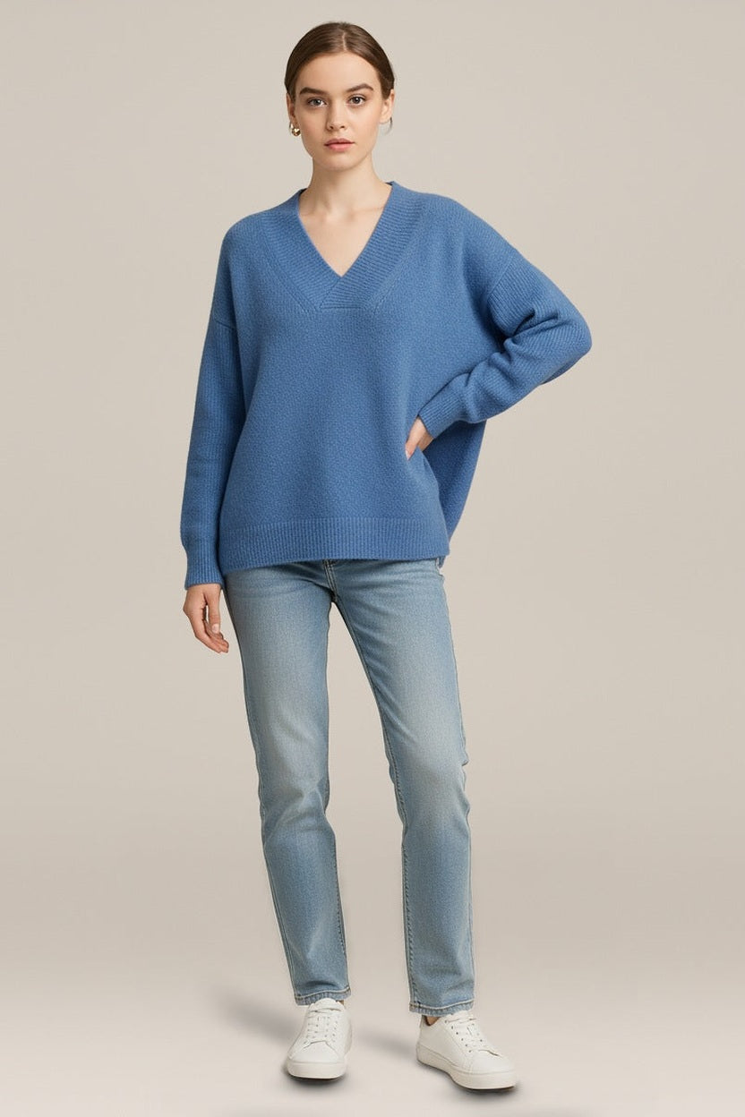 Trui Dames met V-hals – Zachte Losse Pullover in blauw – vooraanzicht