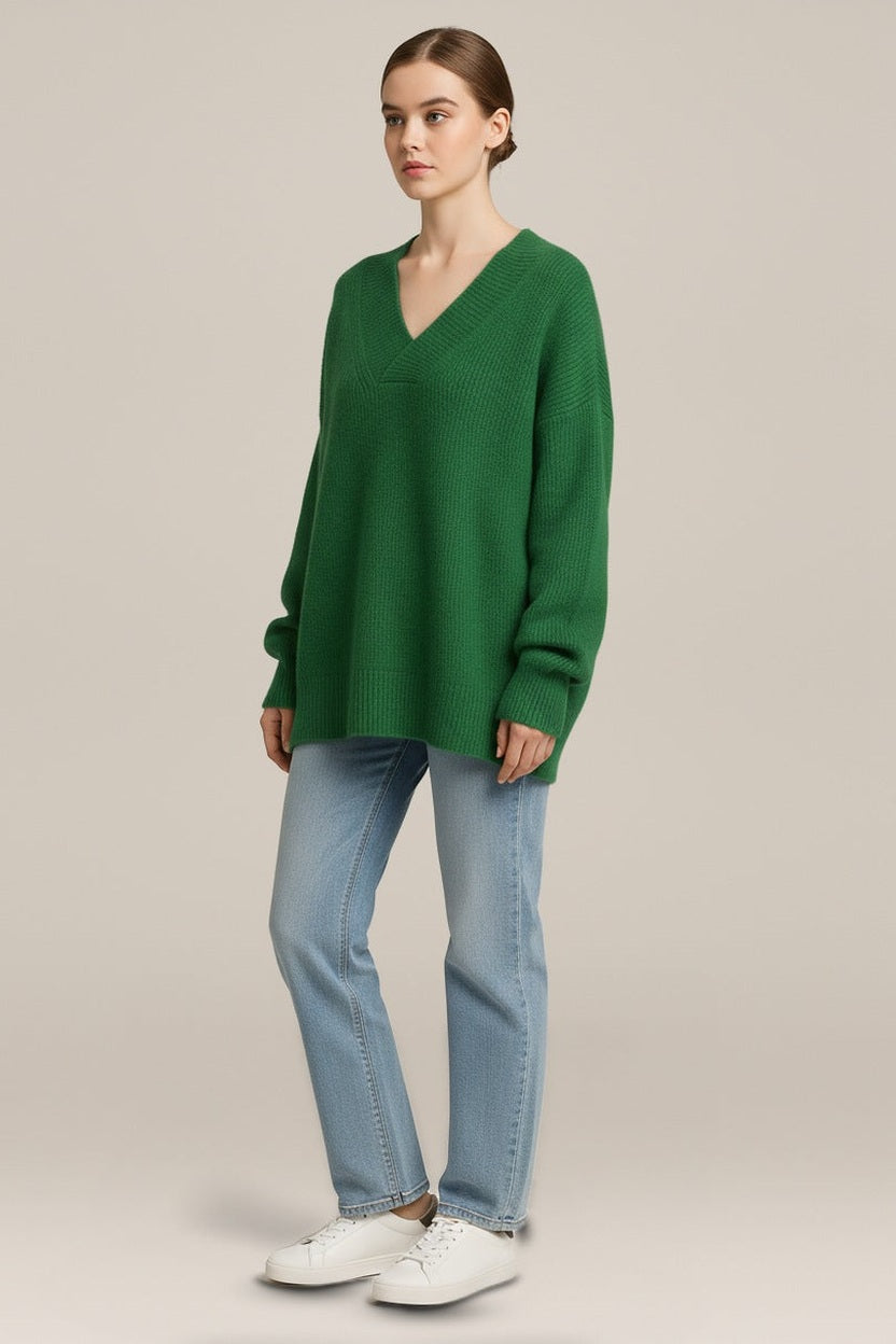Trui Dames met V-hals – Zachte Losse Pullover in groen – vooraanzicht