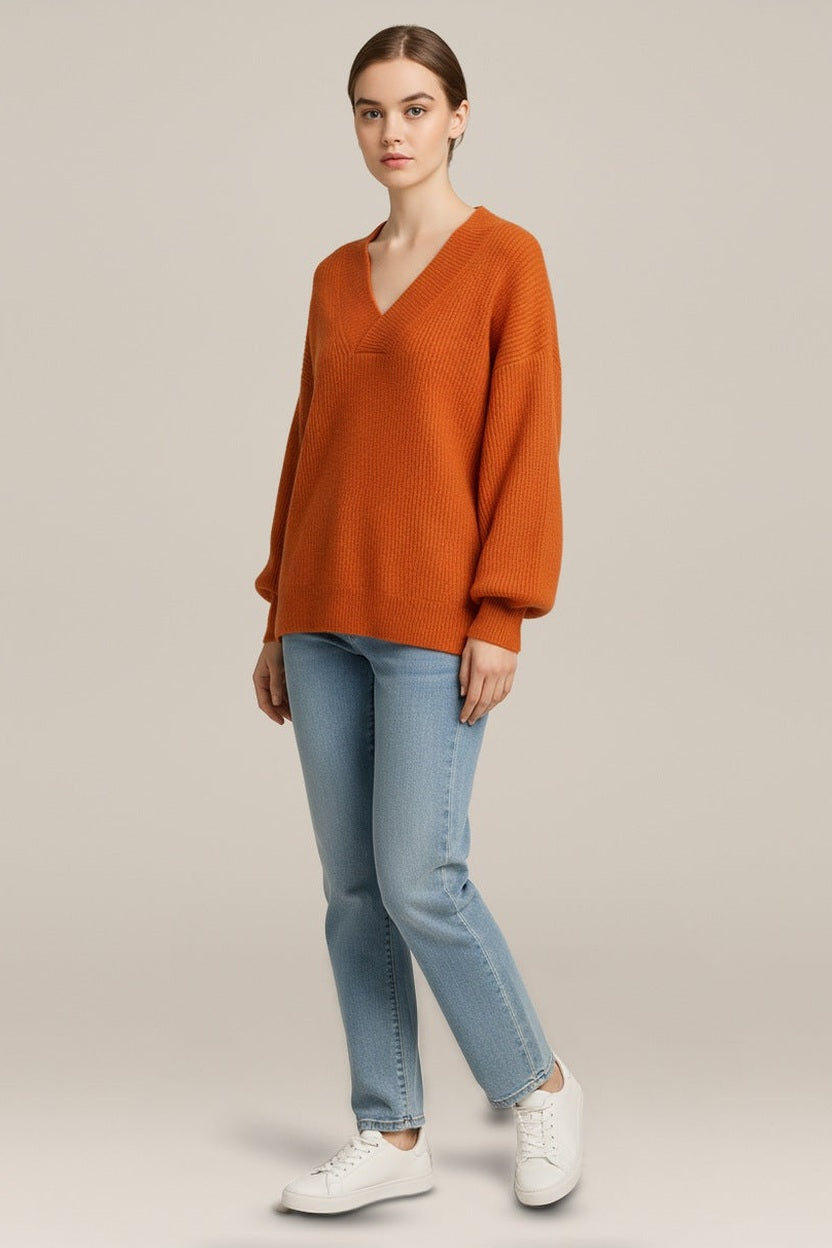 Trui Dames met V-hals – Zachte Losse Pullover in oranje – vooraanzicht