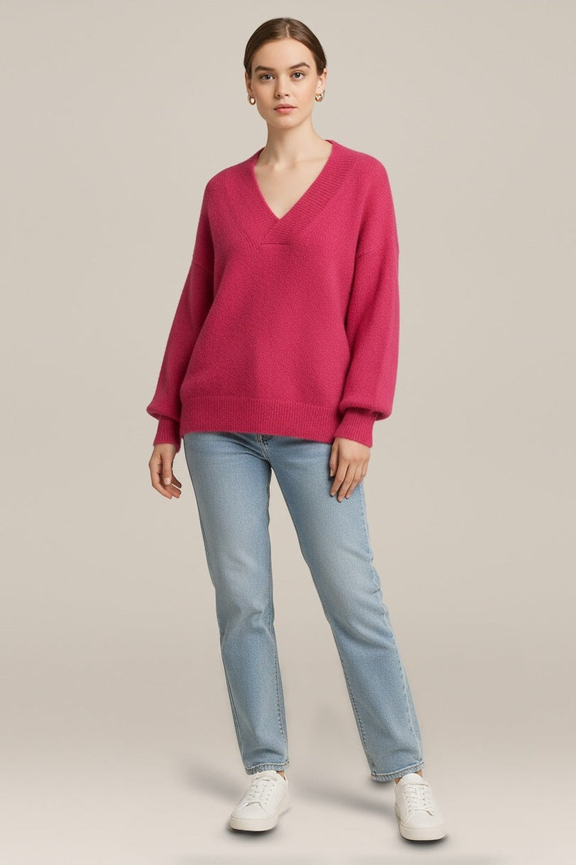 Trui Dames met V-hals – Zachte Losse Pullover in roze – vooraanzicht