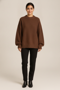 Oversized Gebreide Trui Dames – Zachte Pullover met Ronde Hals — Vivi – Bruin – vooraanzicht