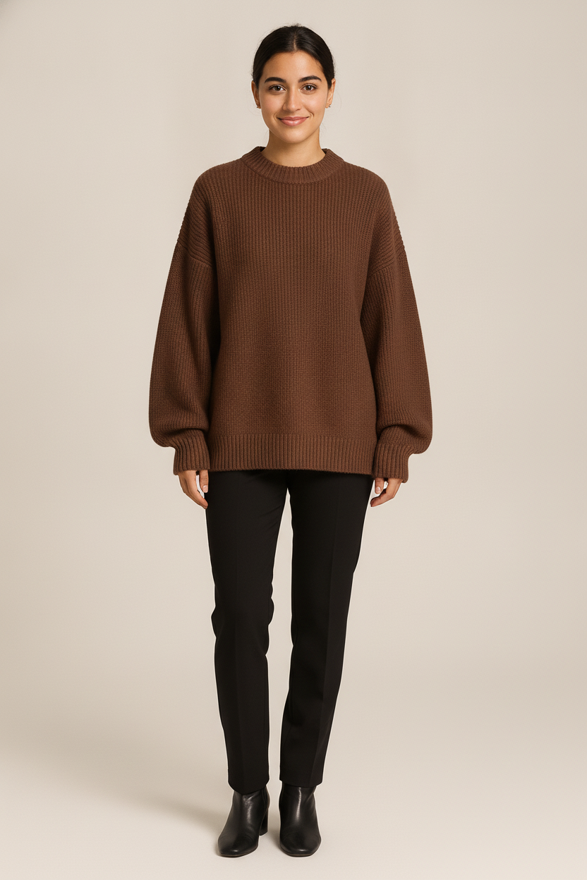 Oversized Gebreide Trui Dames – Zachte Pullover met Ronde Hals — Vivi – Bruin – vooraanzicht