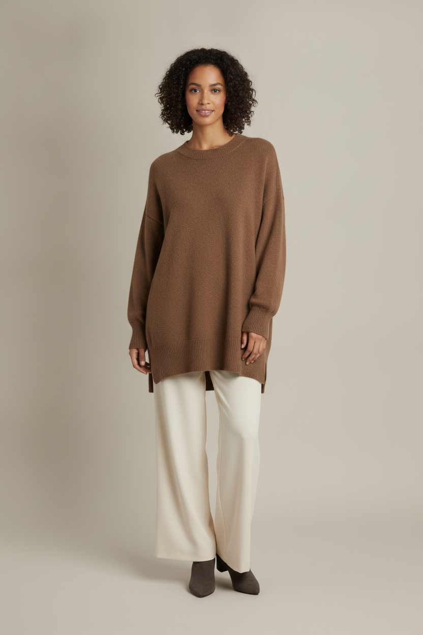 Oversized Trui Dames met Ronde Hals – Lange Trui met Split — Ginevra – Mokka – vooraanzicht
