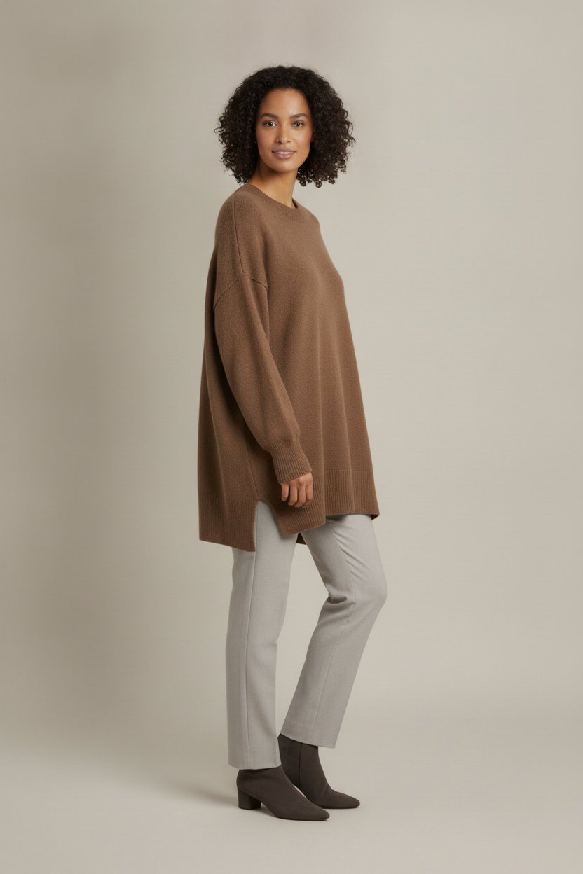 Oversized Trui Dames met Ronde Hals – Lange Trui met Split — Ginevra – Mokka – zijaanzicht