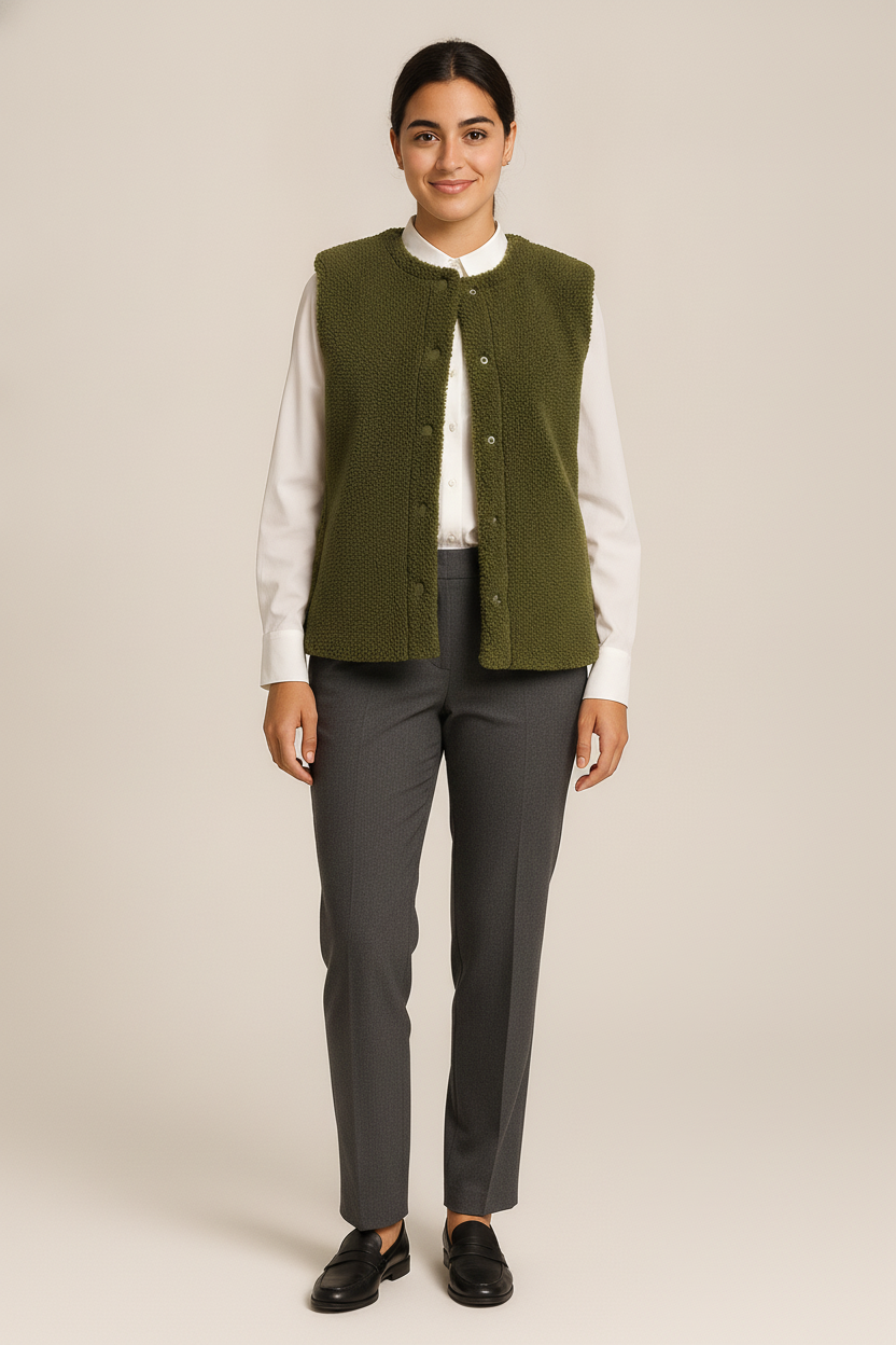 Teddy Gilet Dames zonder Kraag – Mouwloze Bodywarmer — Malia – Olijfgroen – vooraanzicht